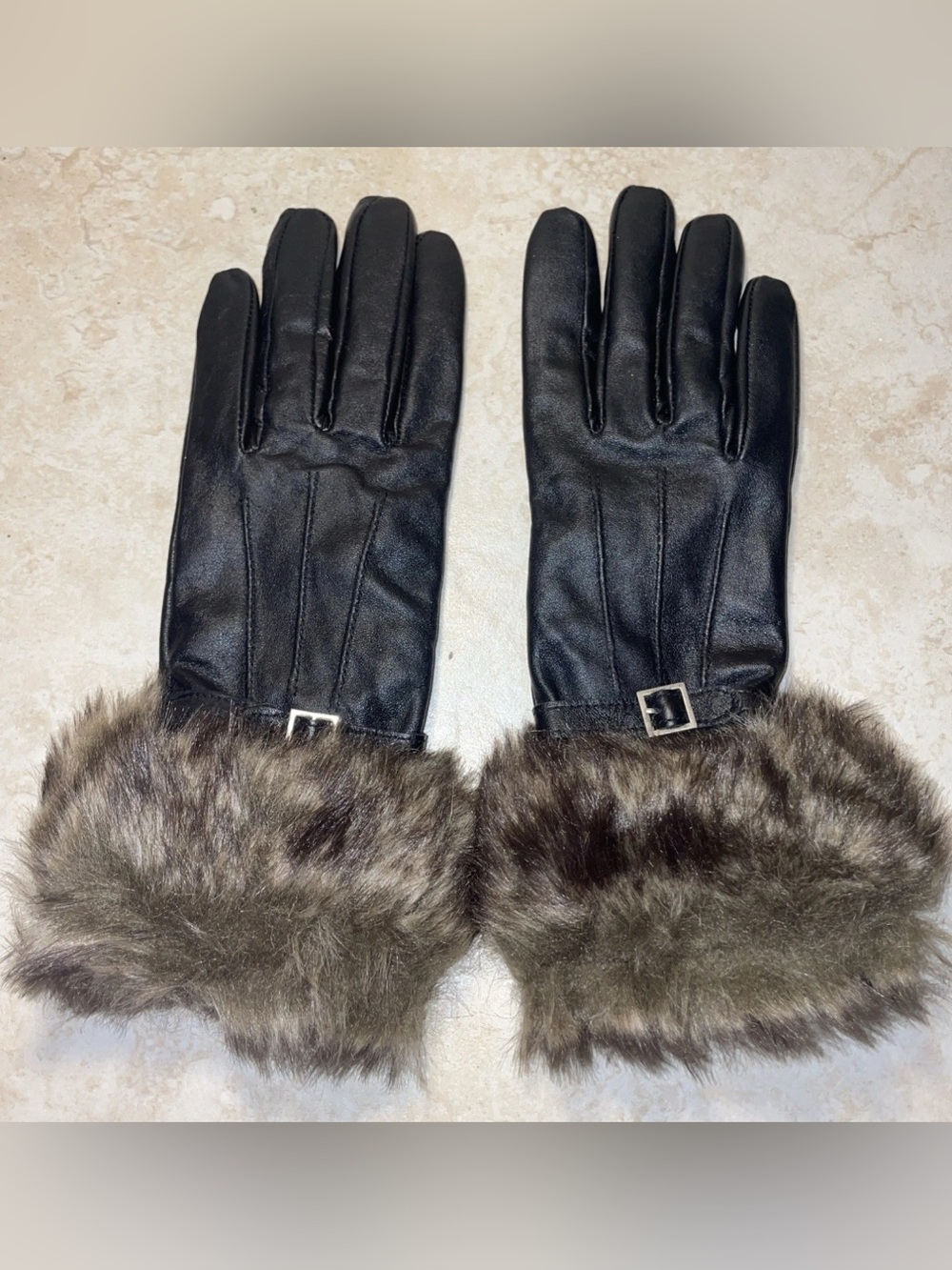 Black Faux Fur Cuff Leather Gloves